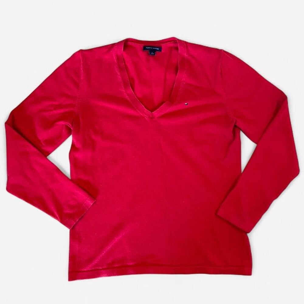 Tommy Hilfiger red long sleeve top v neck with small logo Size M